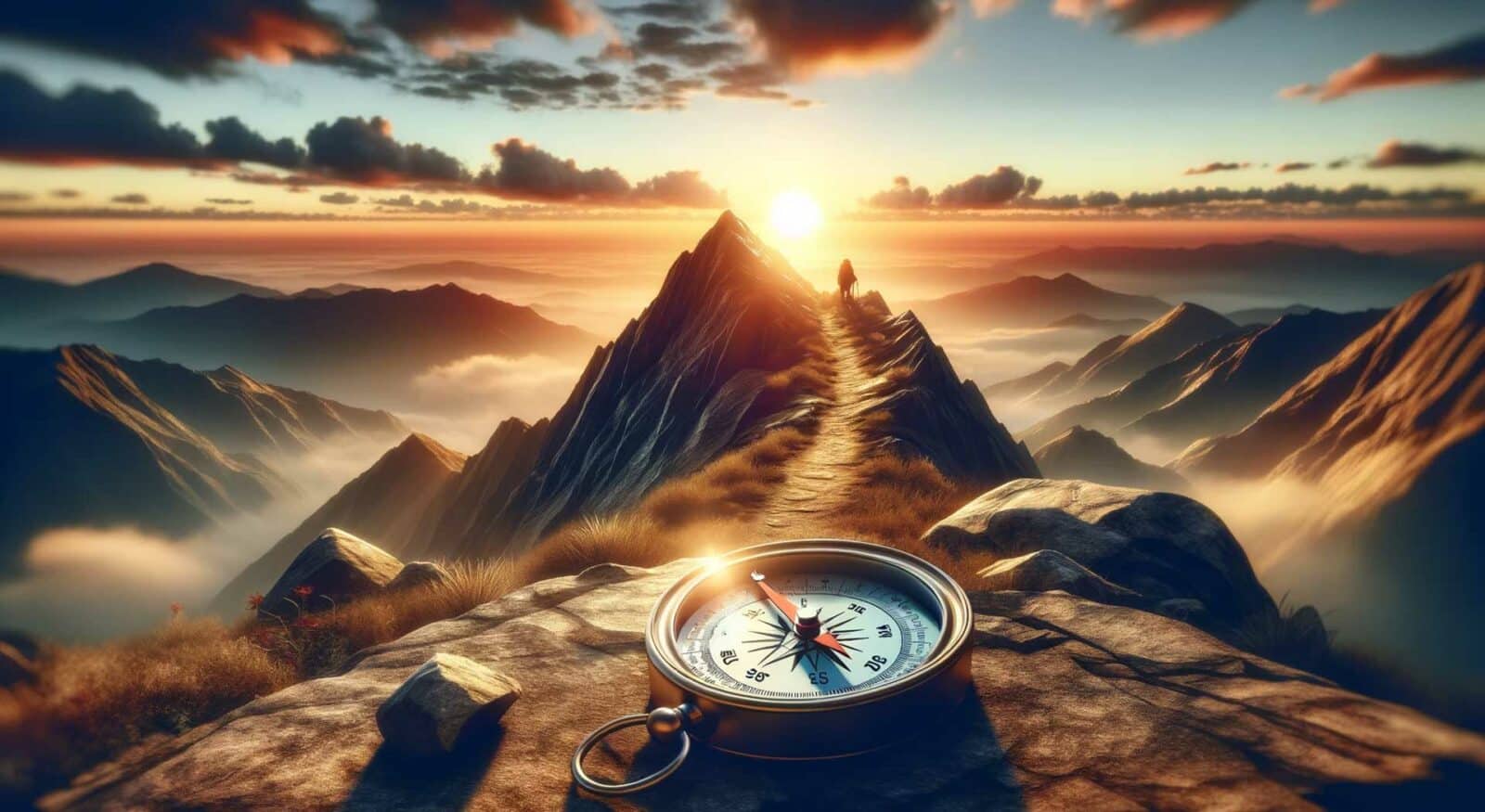 Compass on a mountaintop path at sunset